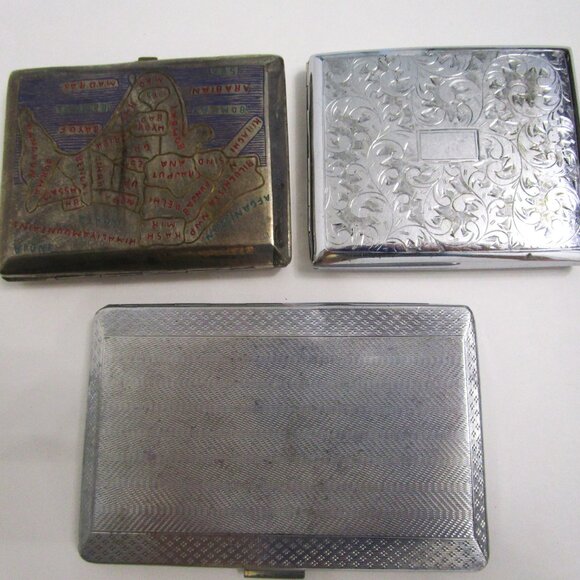 3 Metal Cigarette Card Cases Silverplate Vintage India Yoga Bollywood England - Picture 4 of 10
